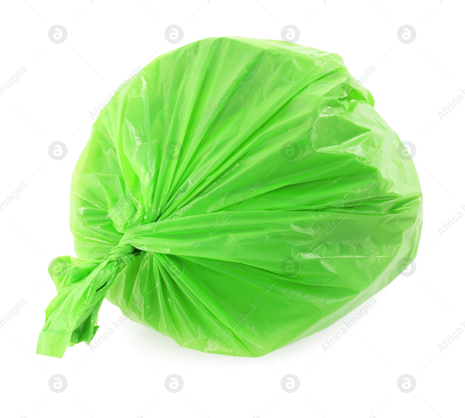 Photo of Green plastic garbage bag isolated on white, top view