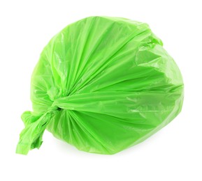 Photo of Green plastic garbage bag isolated on white, top view