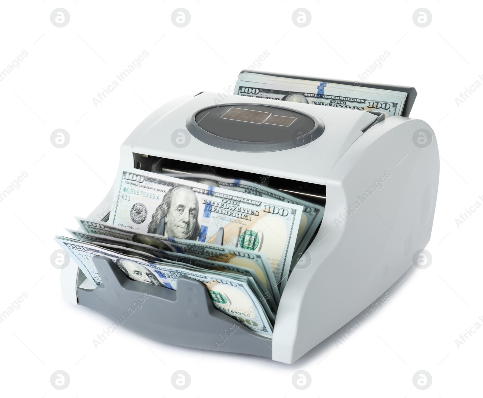 Photo of Modern electronic bill counter with money on white background