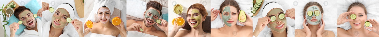 Image of Collage with photos of people with cleansing and moisturizing masks on faces. Banner design