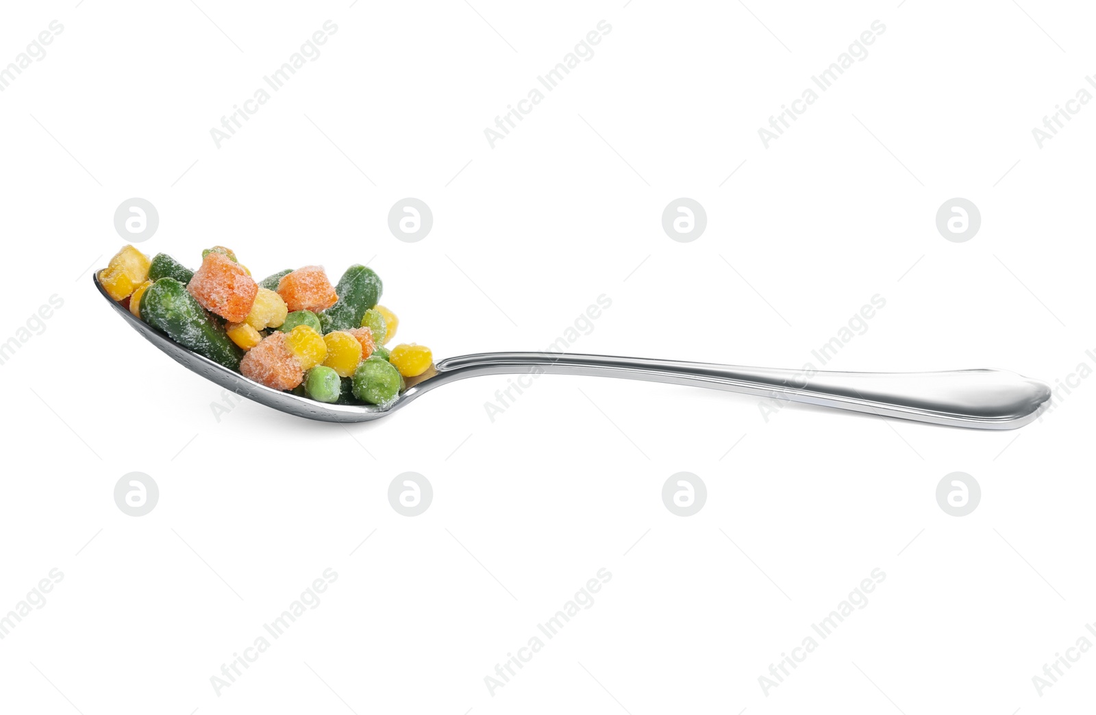 Photo of Frozen vegetables in spoon isolated on white