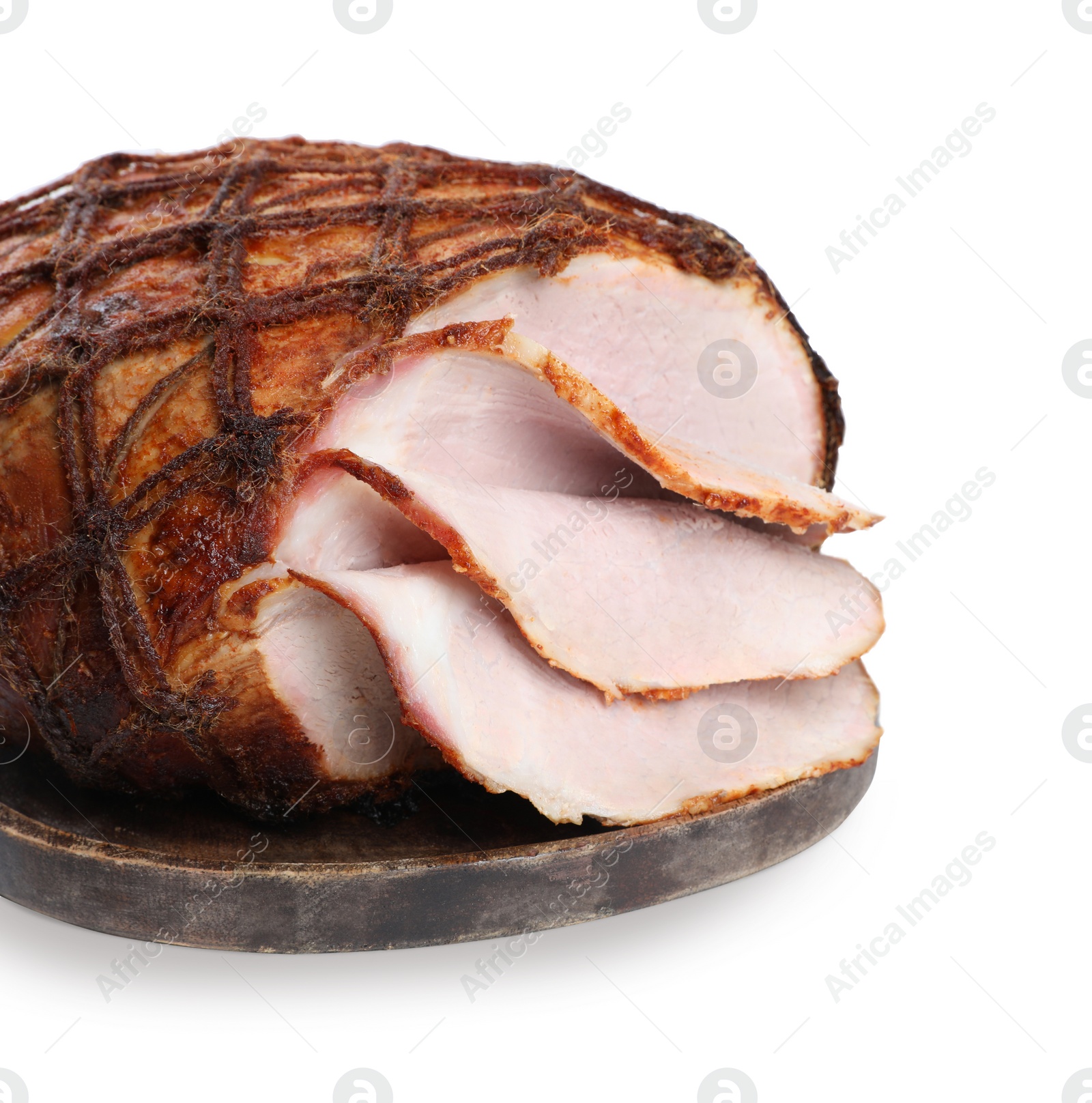 Photo of Cut delicious baked ham isolated on white