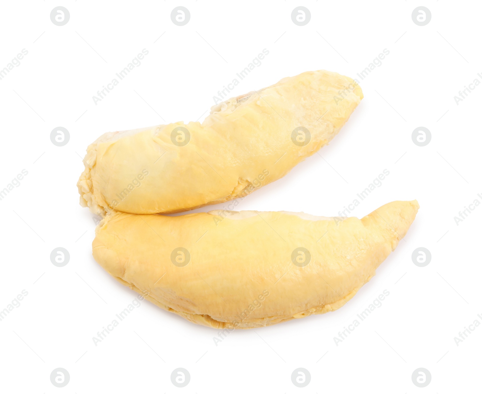 Photo of Peeled ripe durian on white background, top view