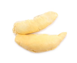 Photo of Peeled ripe durian on white background, top view