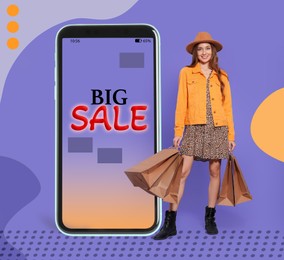 Sale flyer design. Happy stylish woman with shopping bags and huge smartphone on color background