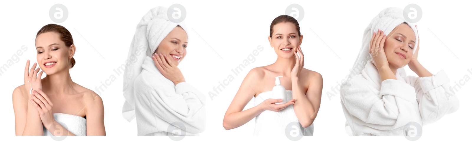 Image of Beautiful woman with towel on white background, collage. Banner design