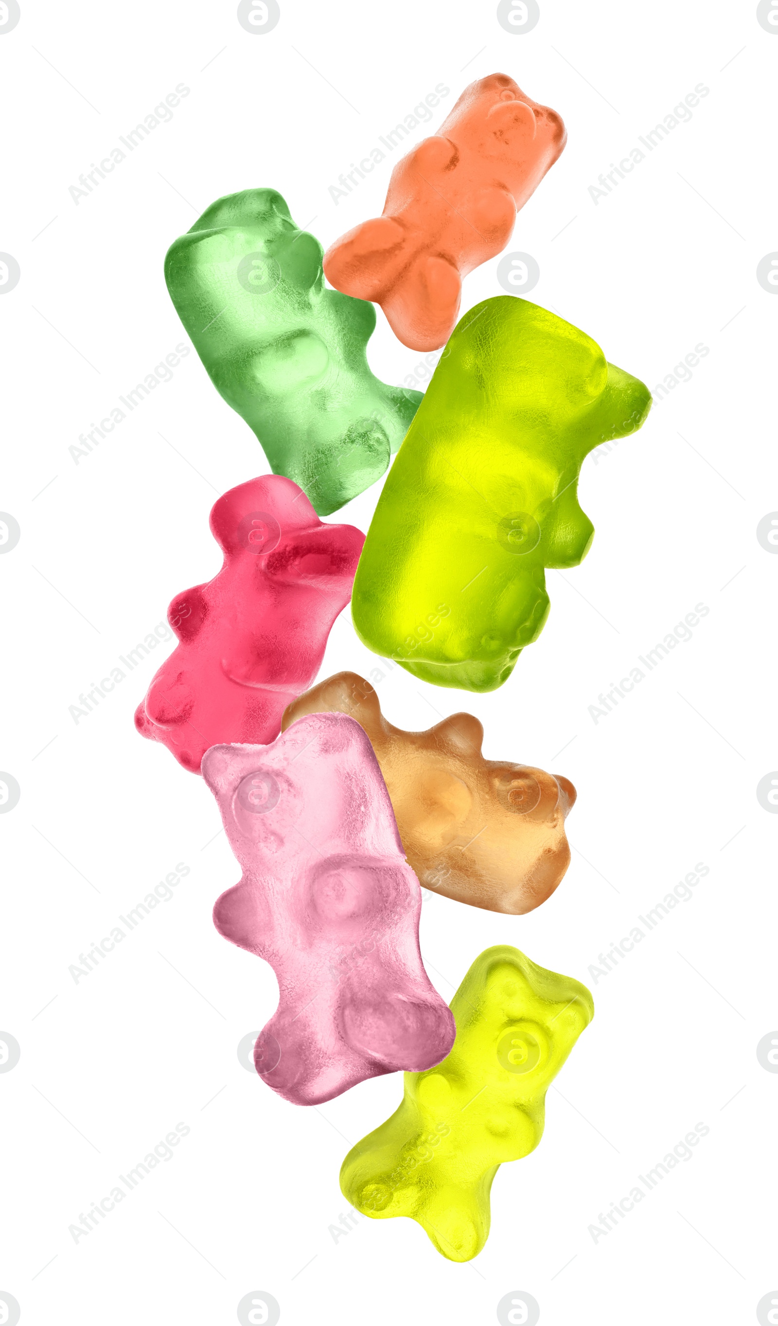 Image of Set of delicious jelly bears falling on white background