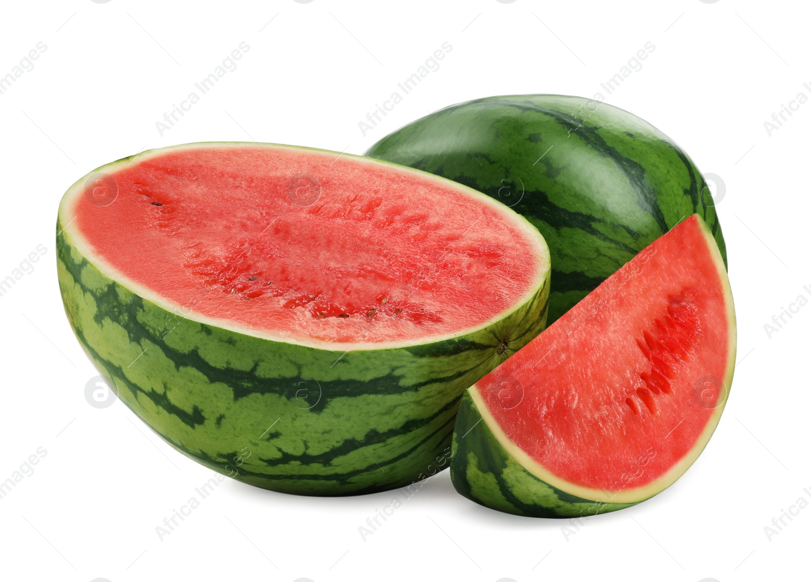 Photo of Tasty whole and cut watermelon on white background