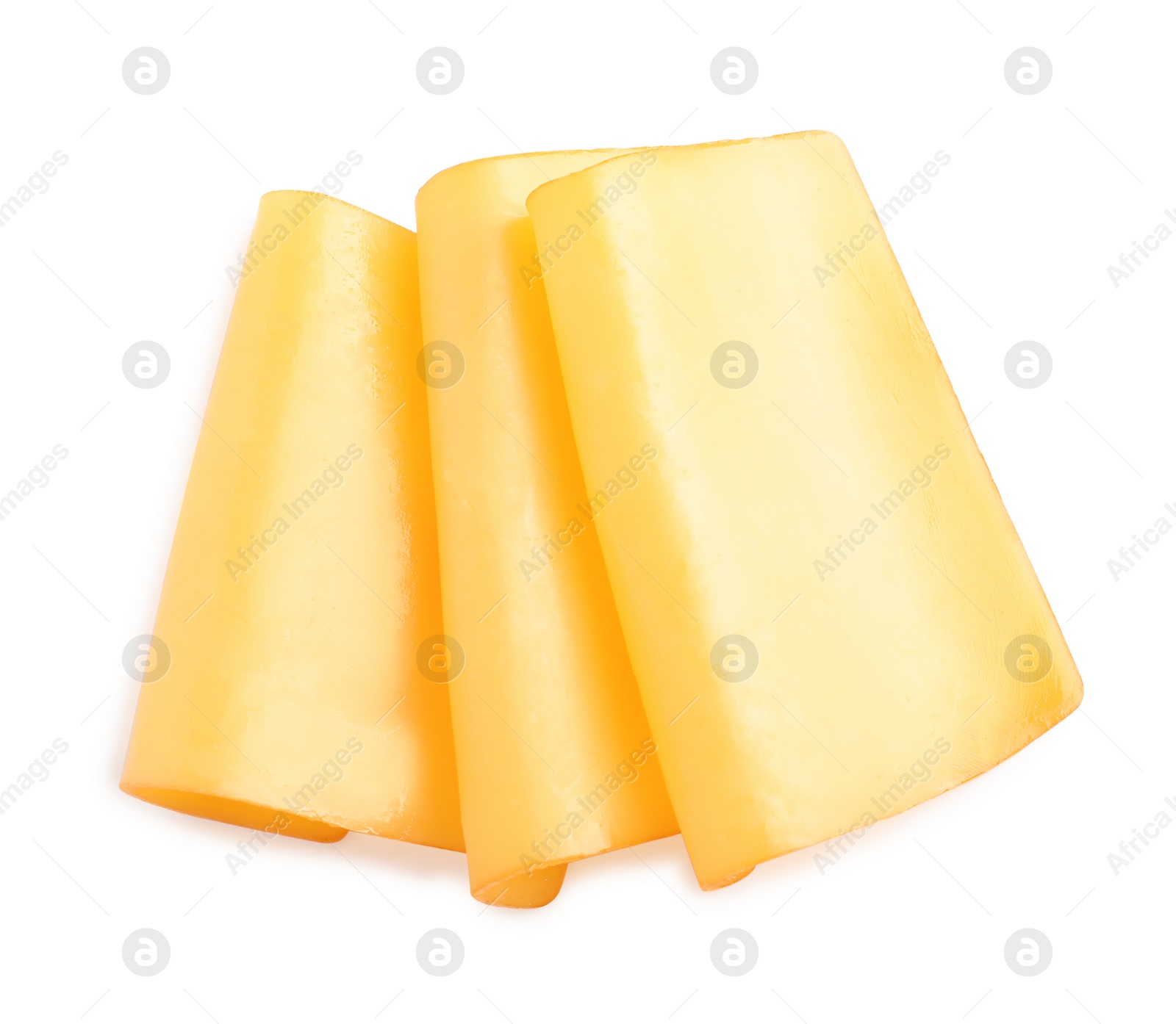 Photo of Slices of tasty cheese on white background, top view