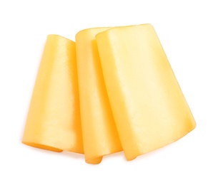 Slices of tasty cheese on white background, top view