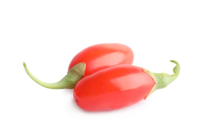 Photo of Fresh goji berries on white background. Healthy superfood