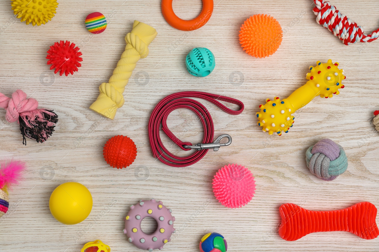 Photo of Flat lay composition with dog leash and toys on white wooden background