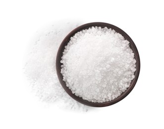 Photo of Natural salt in bowl isolated on white, top view