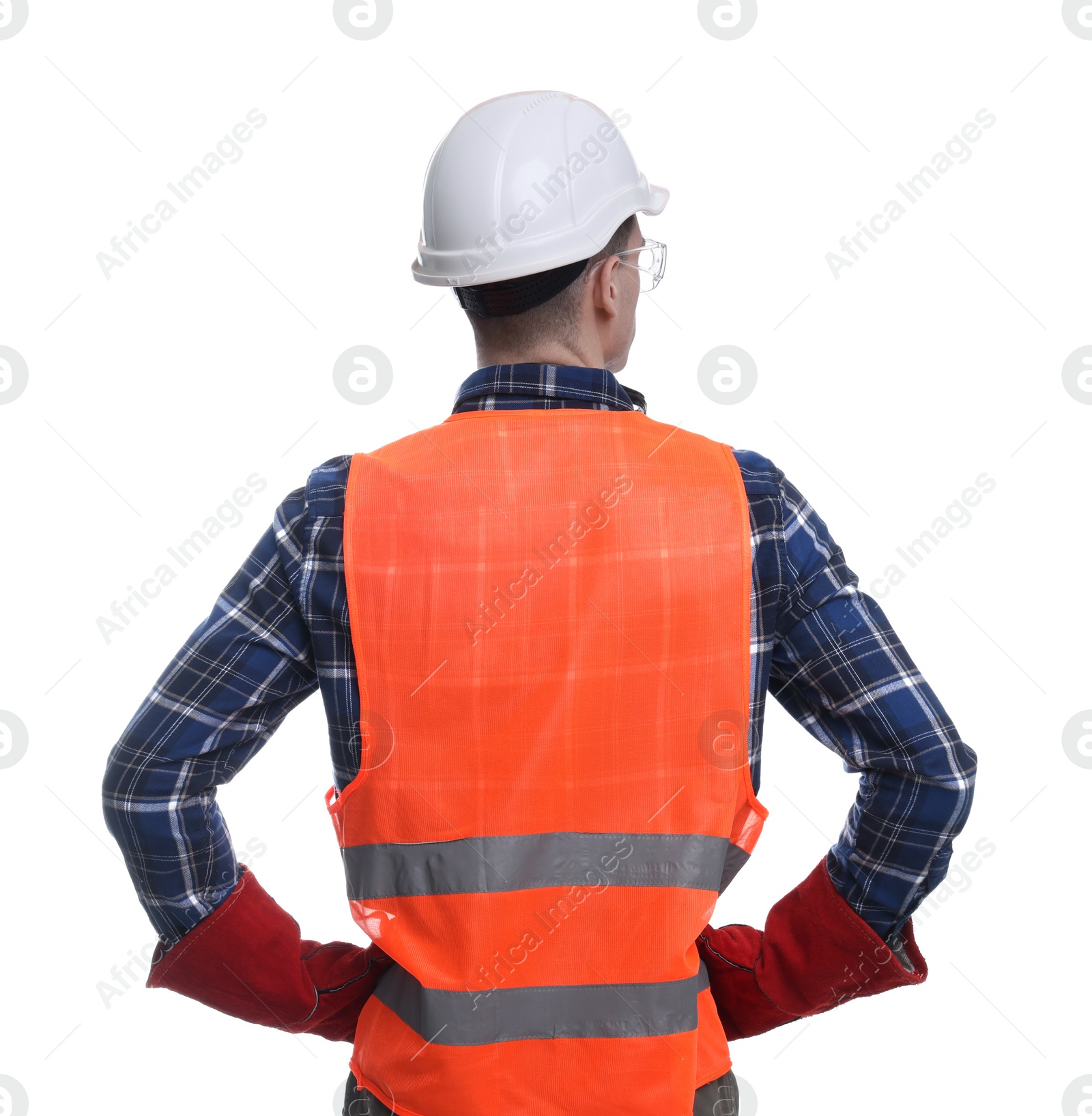 Photo of Young man wearing safety equipment on white background, back view