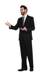 Photo of Handsome man greeting someone on white background