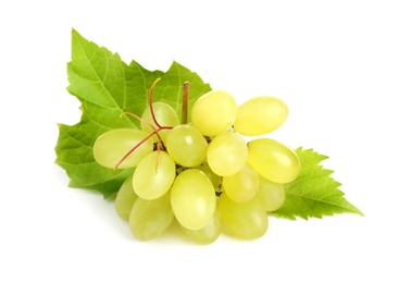 Bunch of green grapes with fresh leaves isolated on white