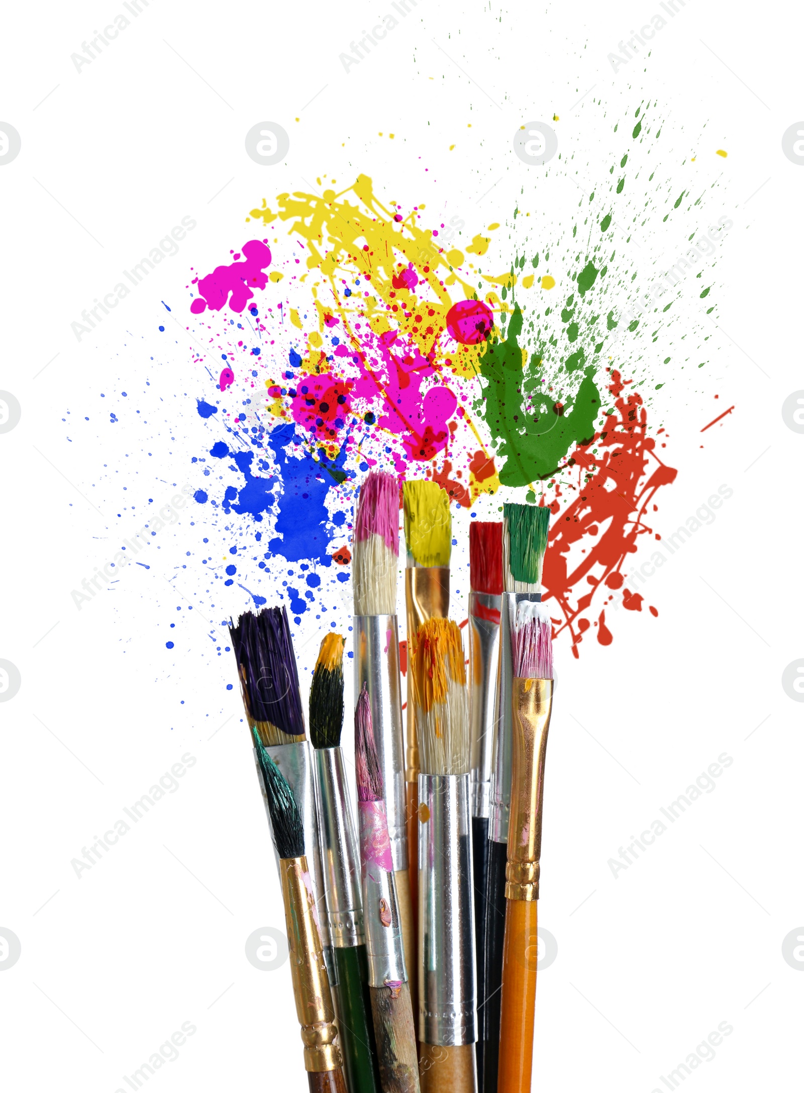 Image of Different brushes and paint splatters on white background