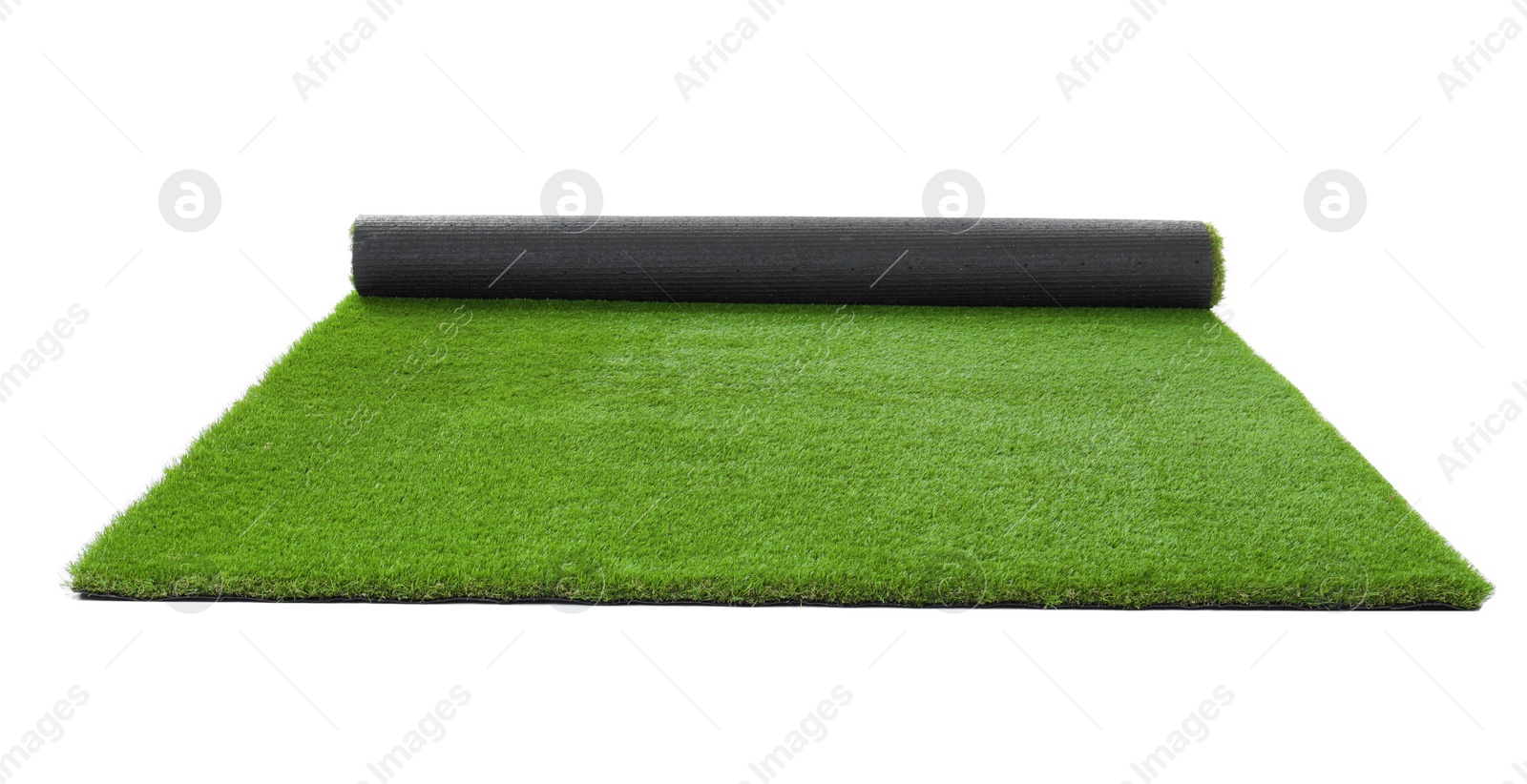 Photo of Rolled artificial grass carpet on white background. Exterior element