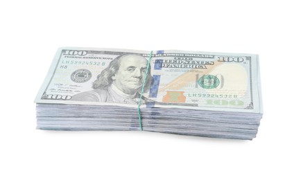 Photo of Stack of dollar banknotes on white background. American national currency