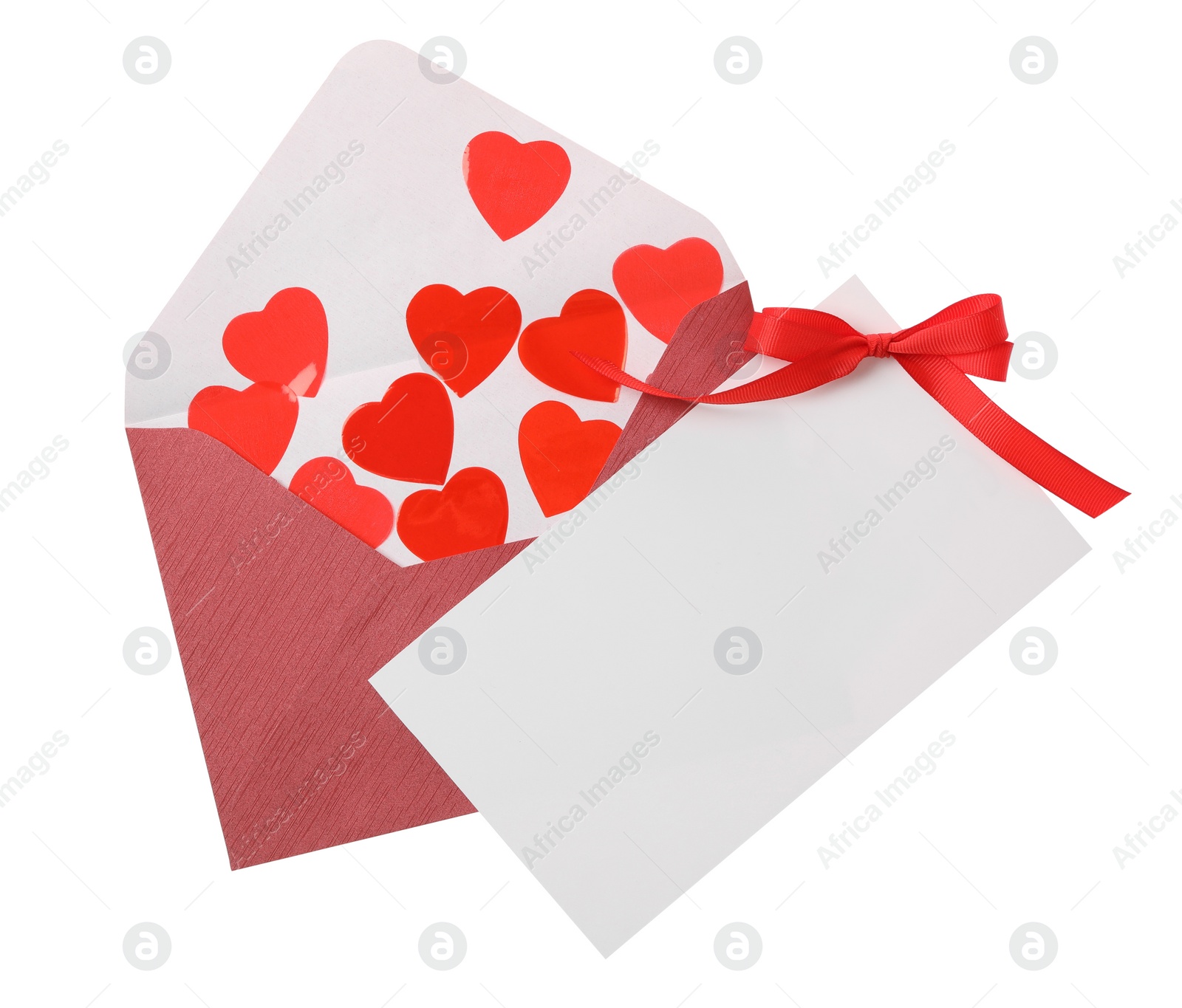 Photo of Blank card, envelope and red decorative hearts on white background, top view. Valentine's Day celebration