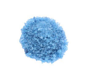 Photo of Heap of blue sea salt isolated on white, top view