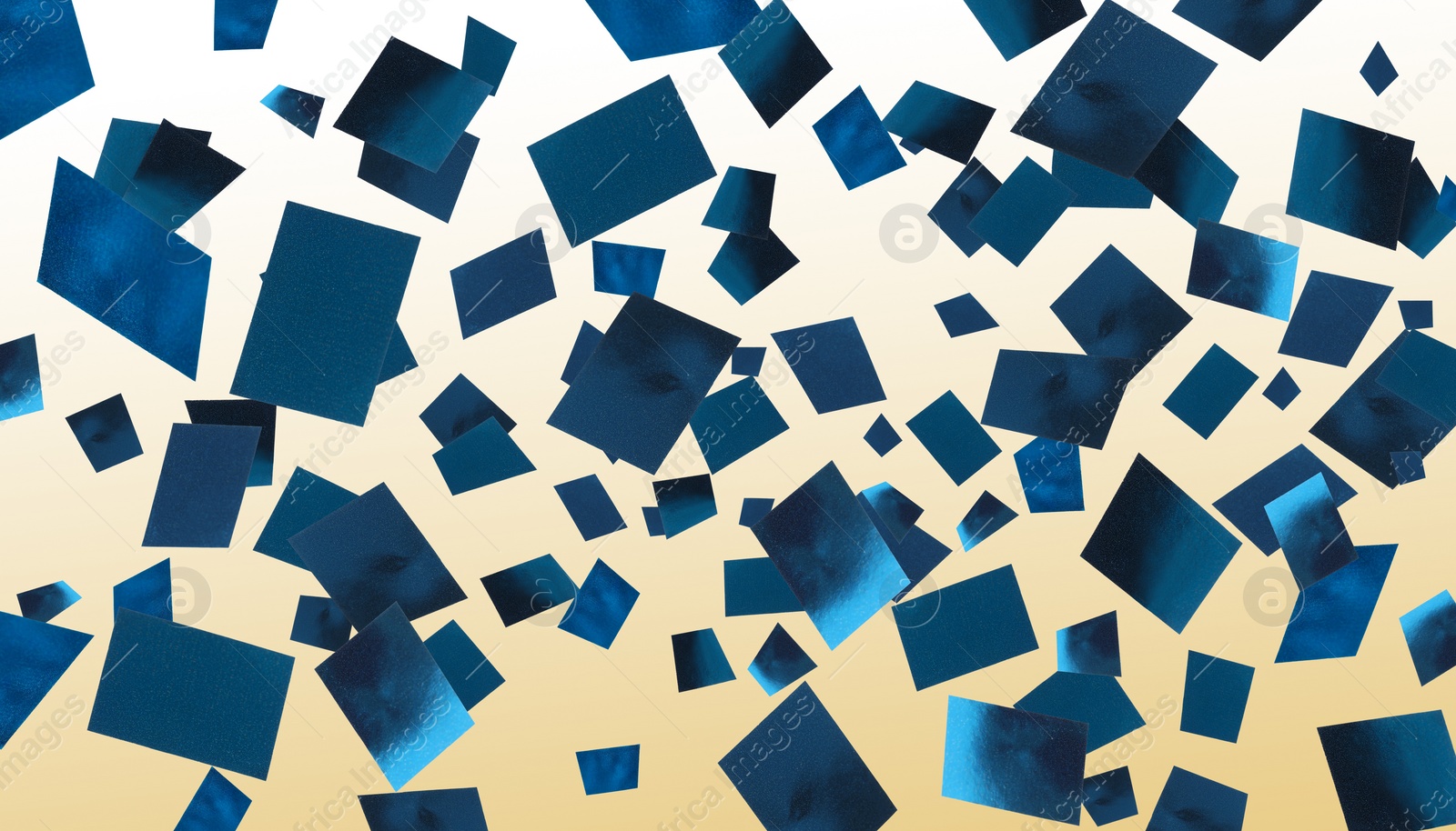 Image of Shiny blue confetti falling on gradient yellow background. Banner design