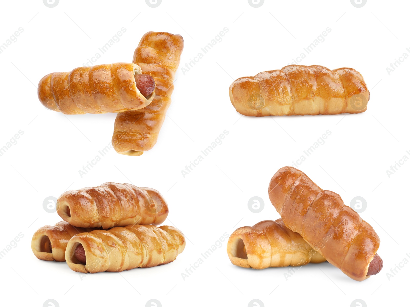 Image of Collage of tasty sausages in dough on white background