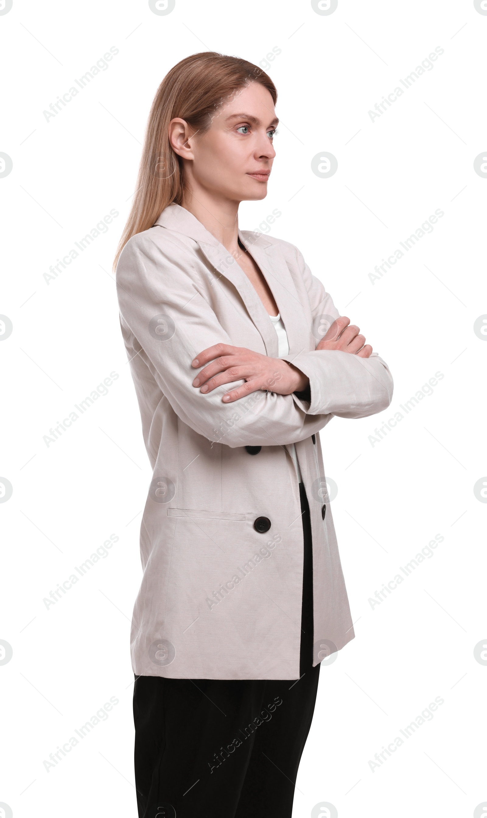 Photo of Beautiful businesswoman crossing arms on white background