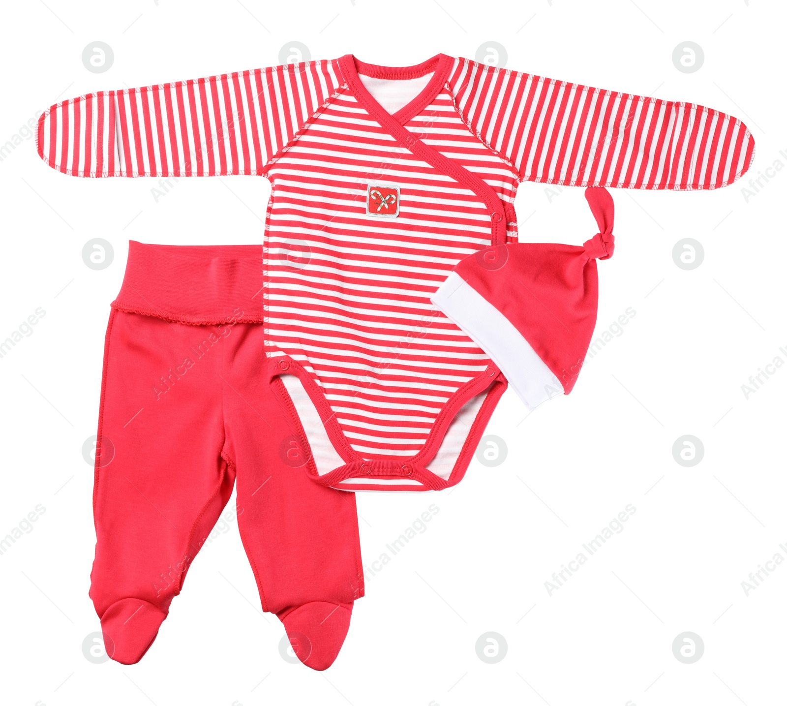 Photo of Bright baby clothes on white background, top view. Christmas celebration