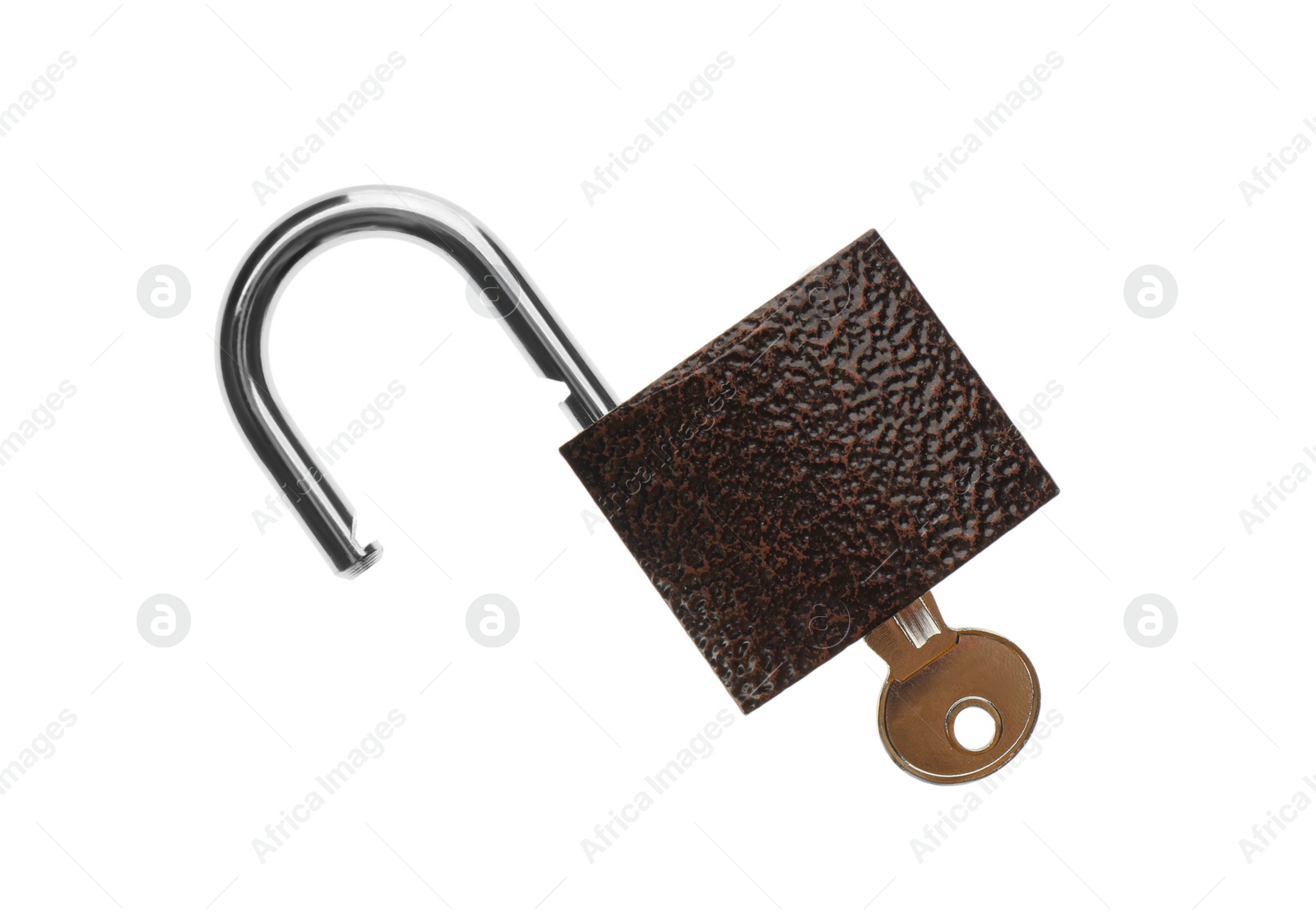 Photo of Modern padlock with key isolated on white