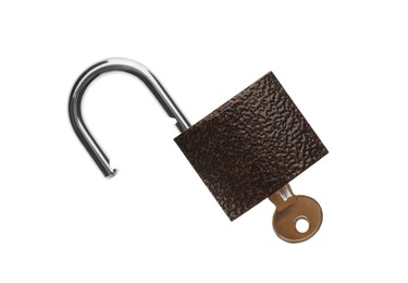 Photo of Modern padlock with key isolated on white
