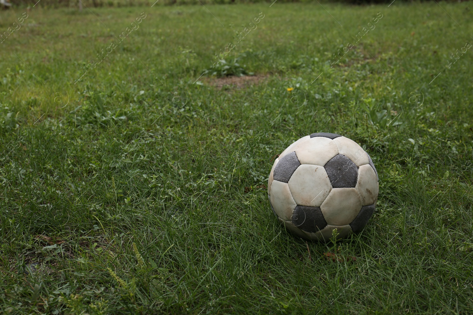 Photo of Dirty soccer ball on green football field, space for text