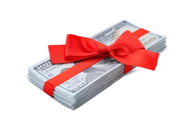 Stack of dollar banknotes with red ribbon isolated on white