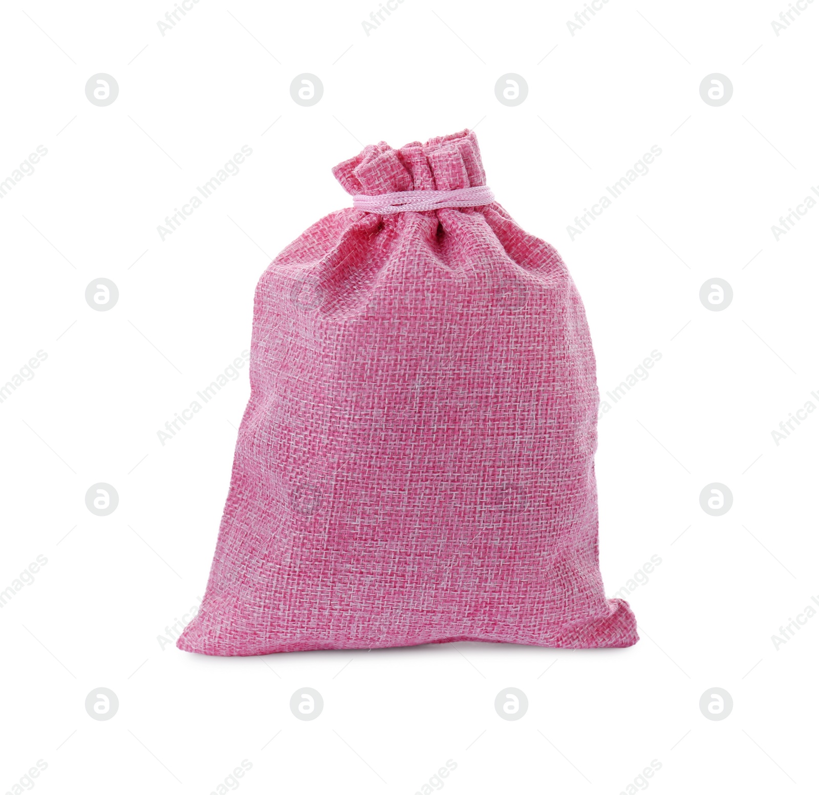 Photo of One pink burlap bag isolated on white