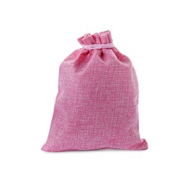 Photo of One pink burlap bag isolated on white