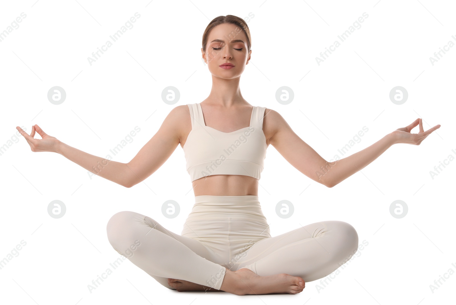 Photo of Beautiful young woman meditating on white background