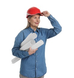 Architect in hard hat with drafts on white background