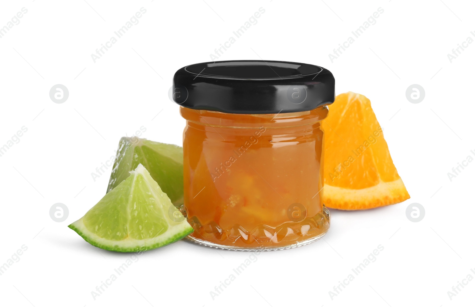 Photo of Jar of sweet citrus jam on white background