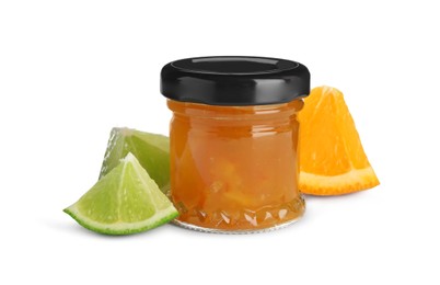 Photo of Jar of sweet citrus jam on white background