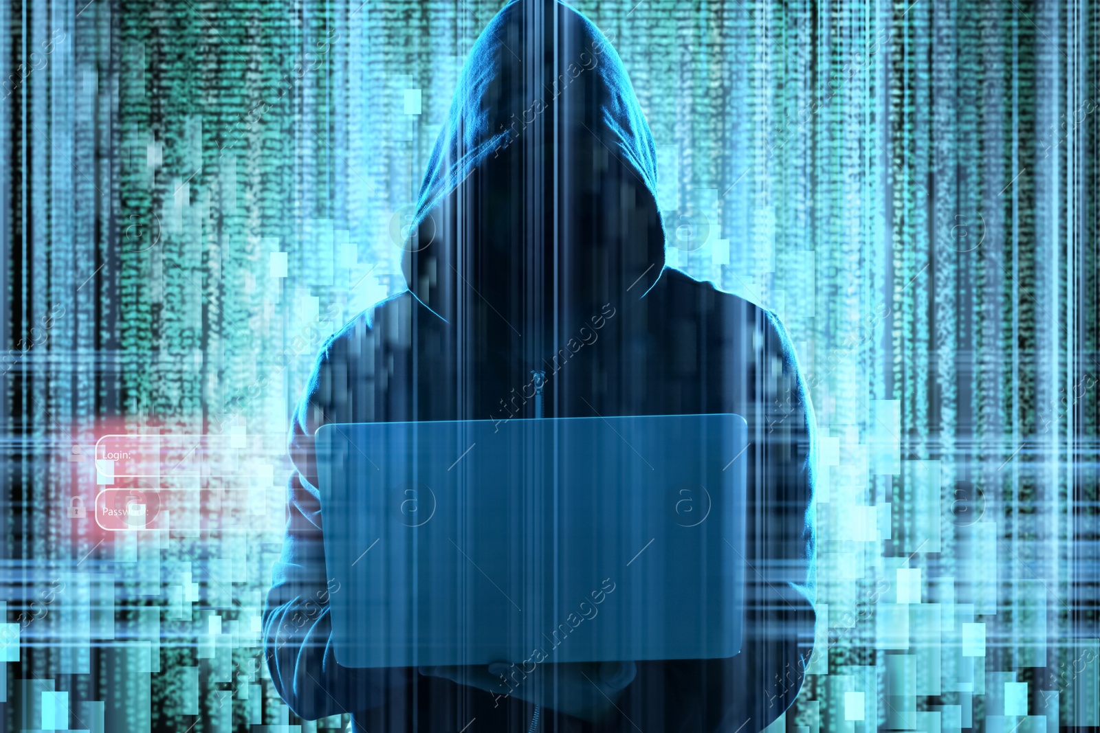 Image of Man with laptop and digital code on dark background. Cyber attack concept