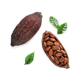 Photo of Composition with cocoa pods on white background, top view