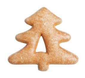 Photo of Delicious Christmas tree shaped cookie isolated on white, top view
