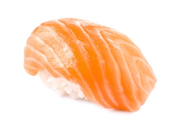 Photo of Delicious nigiri sushi with salmon isolated on white