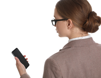 Photo of Young businesswoman with mobile phone on white background