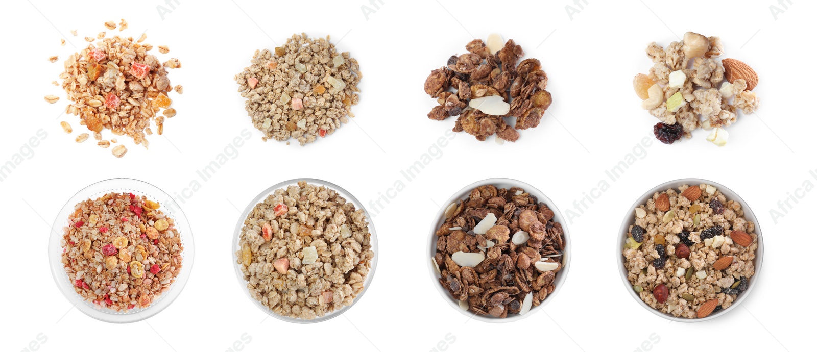 Image of Set with different delicious granola on white background, top view. Banner design
