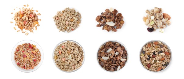 Image of Set with different delicious granola on white background, top view. Banner design