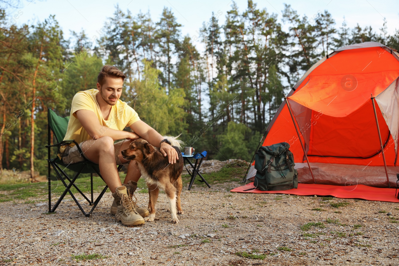 Photo of Young man with dog near camping tent outdoors