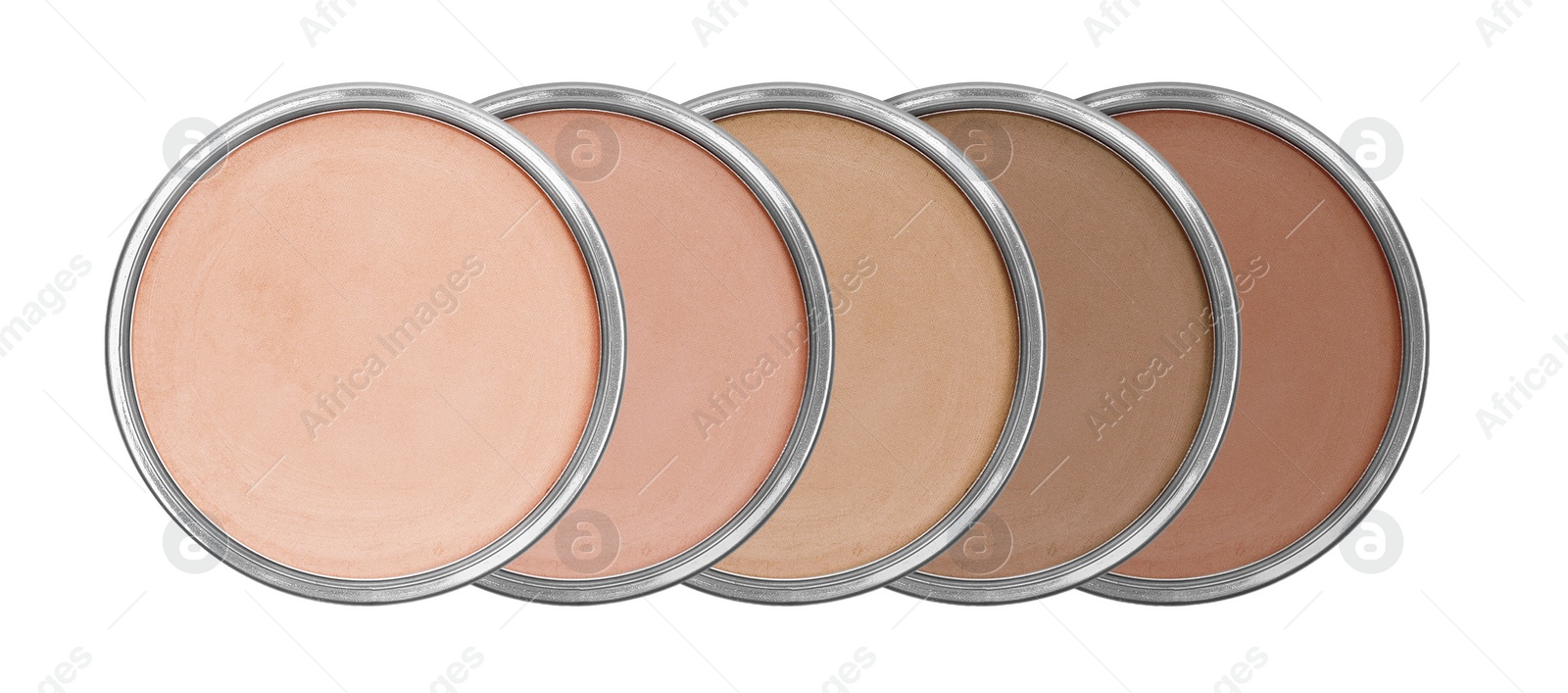 Image of Compact face powders of different shades isolated on white, collection. Top view