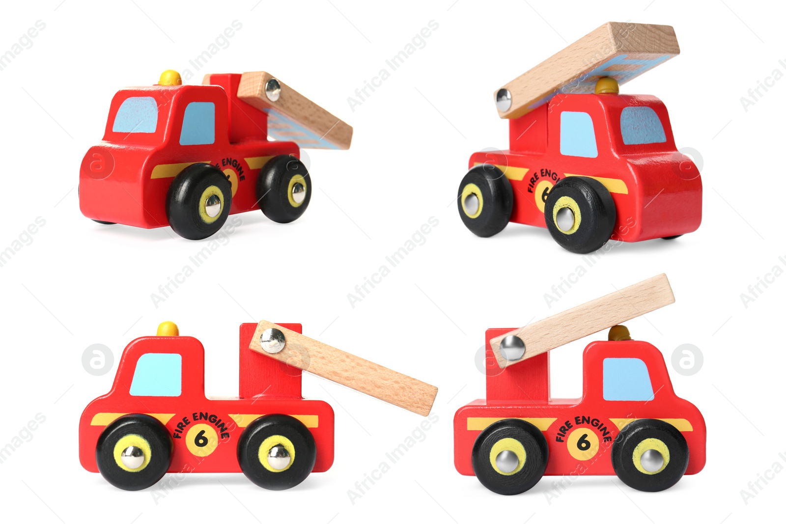 Image of Fire engine isolated on white, different angles. Collage design with children's toy