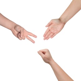 People playing rock, paper and scissors on white background, top view